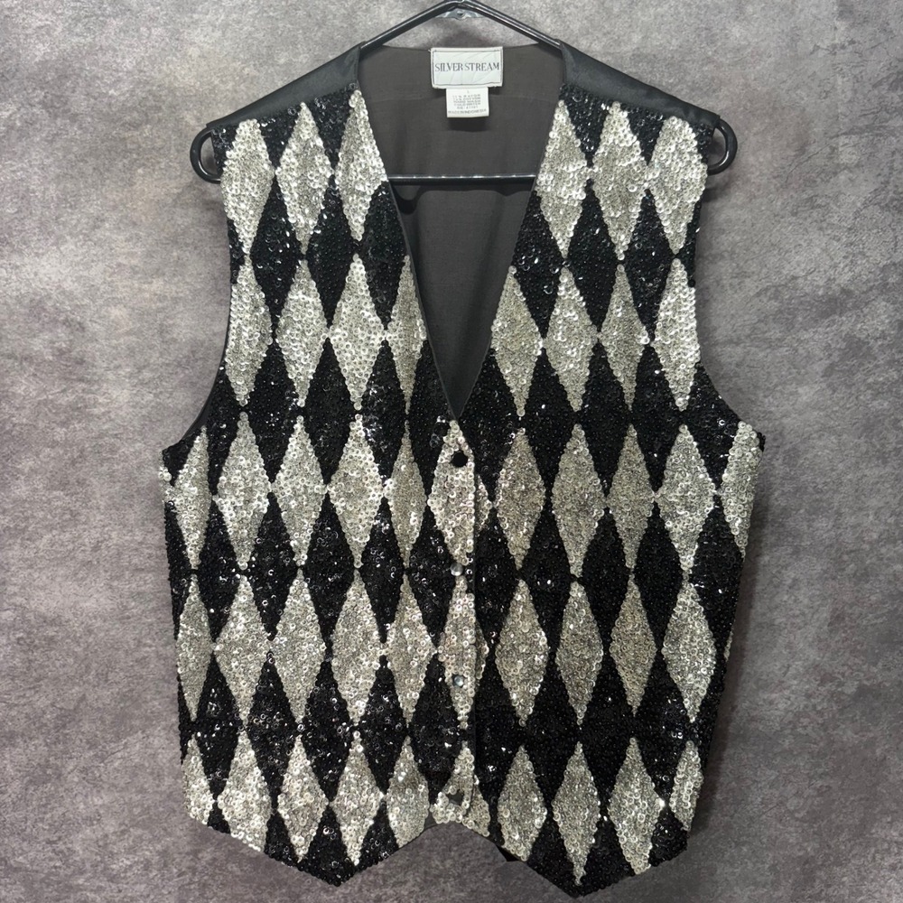 VTG Silver Stream Harlequin Sequin Suit Vest Waistcoat Size L Black Diamond